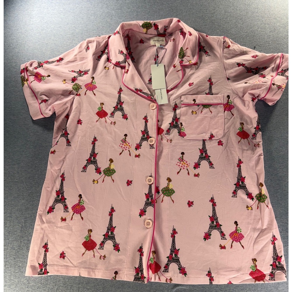 BedHead PJs Paris Eiffel Tower Pink Cotton Short Sleeve Pajama Top NWT Large
